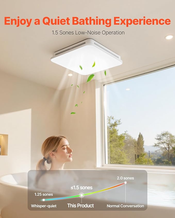VEVOR Bathroom Exhaust Fan with LED Light, 80 CFM 4000K Bathroom Vent, 1.5 Sones Low-Noise, Premium Motor Ceiling Fan for Laundry Room, Storage Room, Home Ventilation, White - Image 3