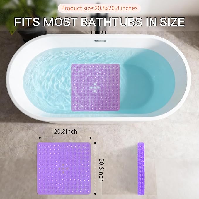 Anti-Slip Bathtub Shower mat, 20.8×20.8（Approximately 53×53cm） inch Soft Oversized Machine Washable Non-Slip Bathtub mat with Drainage Holes, Bathroom Floor Suction Cup.（1- Clear Purple） - Image 3
