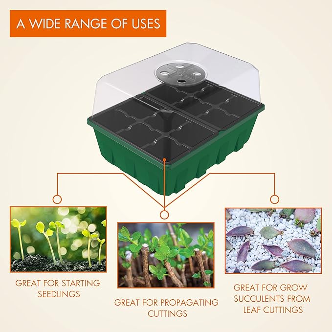 Gardzen 10-Set Garden Propagator Set, Black Seed Tray Kits with 120-Cell, Seed Starter Trays with Dome and Green Base 6.6" x 4.5" (12-Cell Per Tray) - Image 2