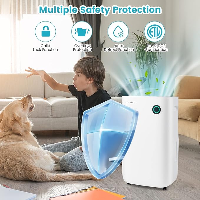 COSTWAY 73 Pint Dehumidifier for Basement, 4500 Sq. Ft Home Dehumidifier with 5 Modes, 3-Color Indicator Light, 1.7 Gallon Water Tank - Image 9