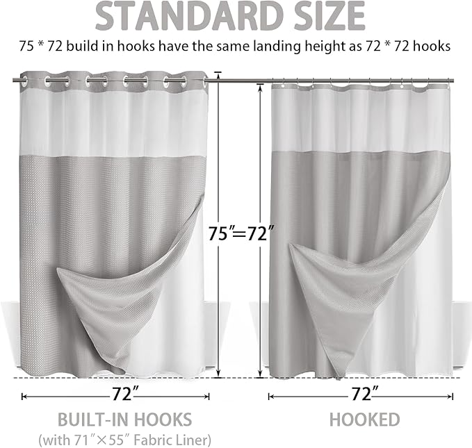 No Hook Shower Curtain and Liner Set,Light Grey Hotel Waffle Shower Curtain with Liner 75" L x 72" W - Image 6