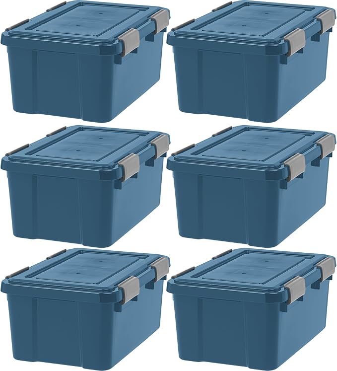 IRIS USA WeatherPro 19 Qt Eco-Friendly Storage Bins with Lids, 6 Pack, BPA-Free Plastic Gasket Box with Tight Latch and Seal, Stackable Nestable Tote Tub - Navy by IRISUSA