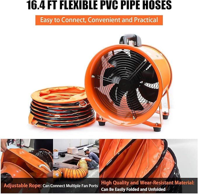 10-Inch High-Velocity Portable Utility Blower Fan, Industrial Exhaust Fan with 16.4ft Flexible Duct Hose, 3150 RPM Low-Noise Ventilator for Basements, Workshops, Warehouses, and Confined Spaces - Image 5