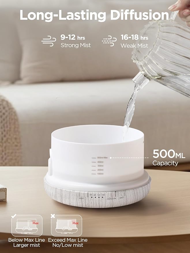 InnoGear Aromatherapy Diffuser & 10 Essential Oils Set, 500ml Essential Oil Diffuser with Remote Control Ultrasonic Cool Mist Scent Humidifier Vaporizer Auto-Off Timer for Valentine's Gift, White - Image 3