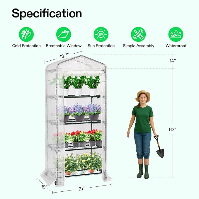VIVOSUN Mini 4-Tier Greenhouse with Wheels, 27 x 19 x 63-Inch Reusable Portable Warm House with White PE Cover and Shelf for Compact Garden and Small Backyards, with Wheels - Image 2