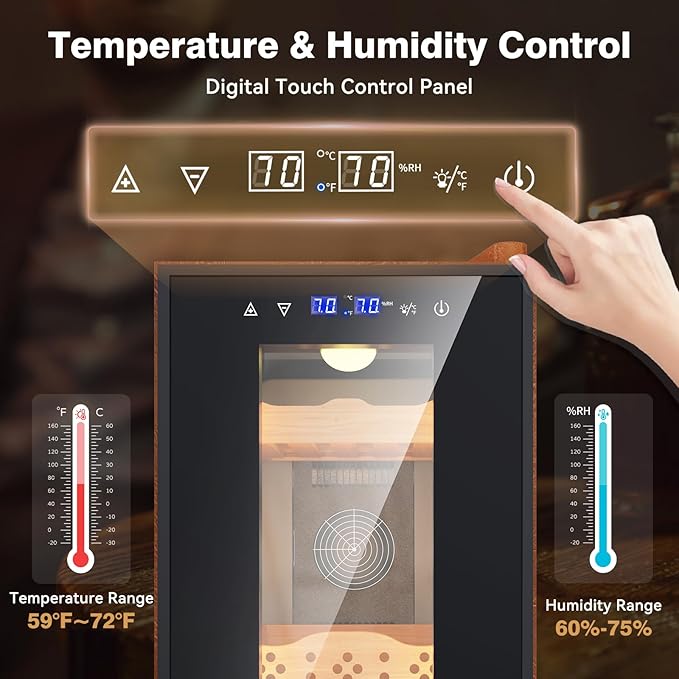 Electric Cooler Cabinet 25L with Temperature and Humidity Control, Leather Finish, Spanish Cedar Wood Shelves and Safety Lock (200 Counts Capacity), Gift for Men - Image 3