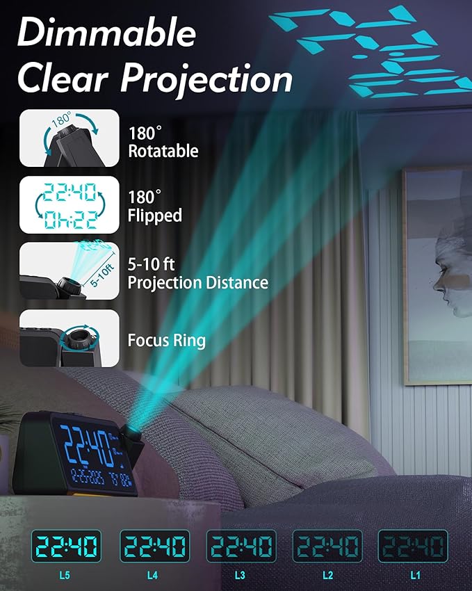 Roxicosly Projection Alarm Clock for Bedroom Ceiling, 118 dB Super Loud for Heavy Sleepers, 6.7" Large Digital Dimmable Display with Day Date Indoor Temp Humidity, Dual Alarms Adjustable Volume - Image 2