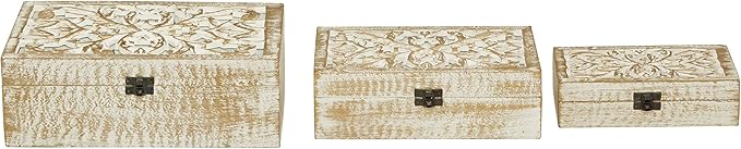 Deco 79 Mango Wood Floral Handmade Decorative Box Decorative Keepsake Boxes with Hinged Lid, Set of 3 Storage Boxes 8", 10", 12"W, White - Image 13