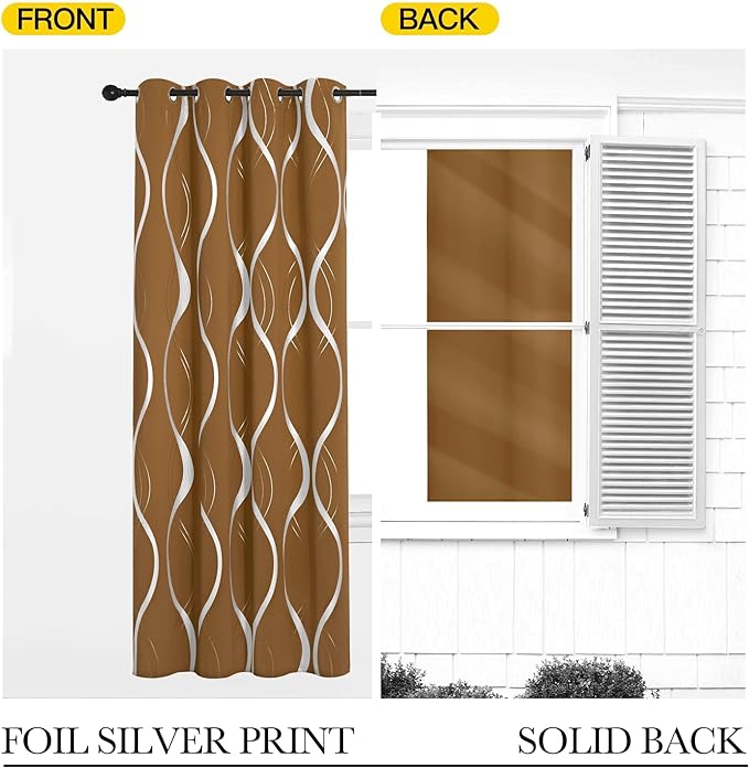 NICETOWN Gold Brown Blackout Fall Pattern Curtains for Living Room 84 inch Long, 52” Wide - Light Reducing Thermal Insulated Foil Printed Grommet Drapes for Bedroom and Nursery, 2 Panels - Image 6