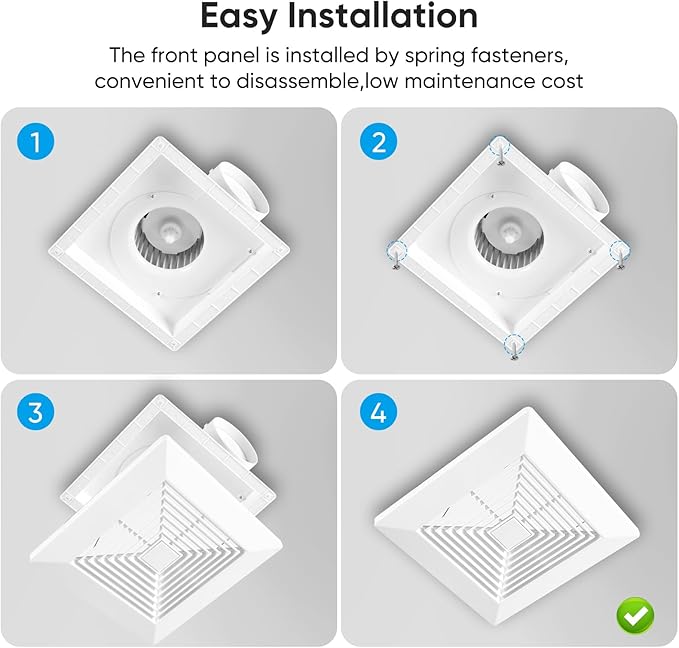 8 Inch Bathroom Exhaust Fan, Square 110 CFM 1.0 Sones Ultra Quiet Bathroom Vent Fan for Ceiling Mount, 110V-220V Bath Vent Extractor for 8.07" Ceiling Opening - Image 7