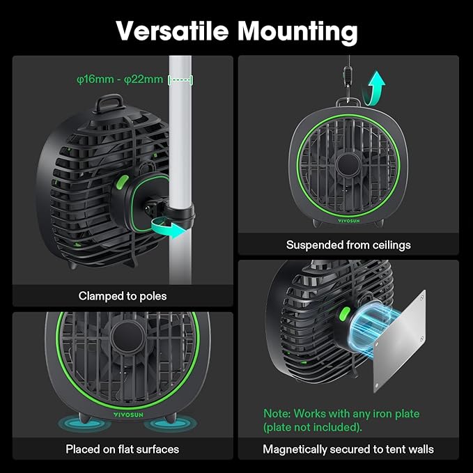 VIVOSUN AeroWave D4, 4” Grow Tent Clip Fan with Detachable Hook, 3-Speed Strong & Quiet Airflow, Adjustable Airflow Angle for Hydroponics, Circulation & Cooling, Black, 2-Pack - Image 5
