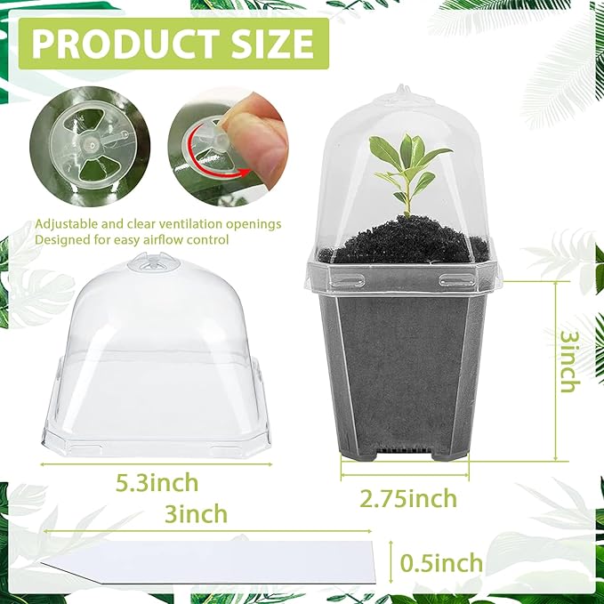 Hyuetrsa 30 Sets Plant Nursery Pots with Humidity Domes, 3" Plastic Gardening Pot with 30 Pcs Labels, Clear Seed Starting Pot Planter Containers with Drain Holes for Seedlings Vegetables Succulents - Image 2