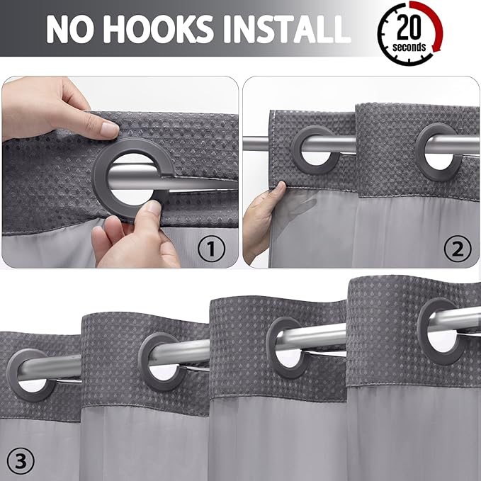 No Hook Shower Curtain and Liner Set,Dark Grey Hotel Waffle Shower Curtain with Liner 81" L x 72" W - Image 2