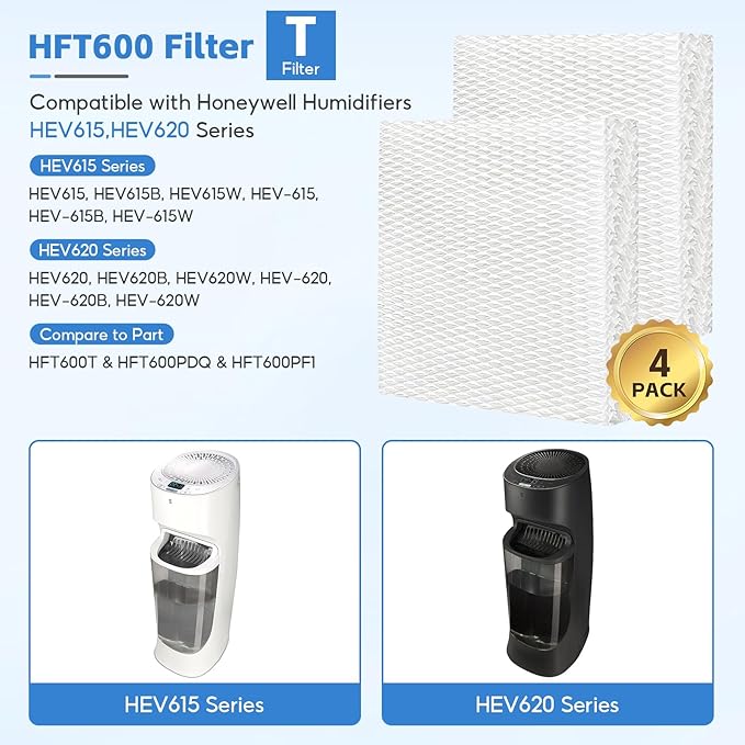 4-Pack HFT600 Humidifier Replacement Wicking Filter T for Honeywell Hev615 Hev620 Humidifier, Compatible with Honeywell HFT600 Humidifier Filter T, Replace Part# HFT600T HFT600PDQ - Image 2