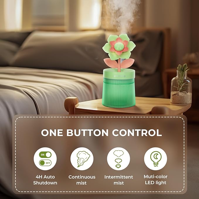 Cute Flower Mini Humidifier, 260ml Gardenia Desktop Humidifiers for Bedroom, Portable Small Cool Mist Humidification for Home, Baby Nursery, Office & Indoor Plants, USB Powered (Green) - Image 6