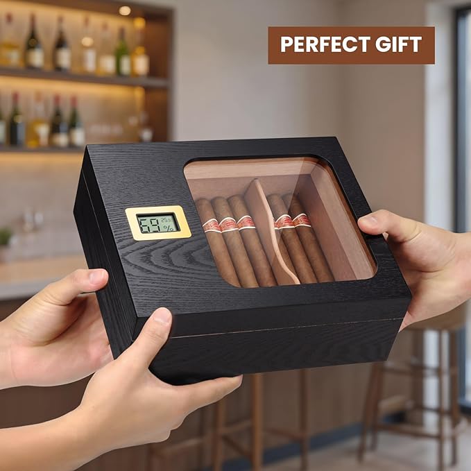 Cigar Humidor, Modern Glass Top Cedar Humidor Cigar Box with Digital Hygrometer, Humidifier, Divider, Handmade Cigar Case Holds 35-45 Cigars, Cigar Accessories for Men - Image 7