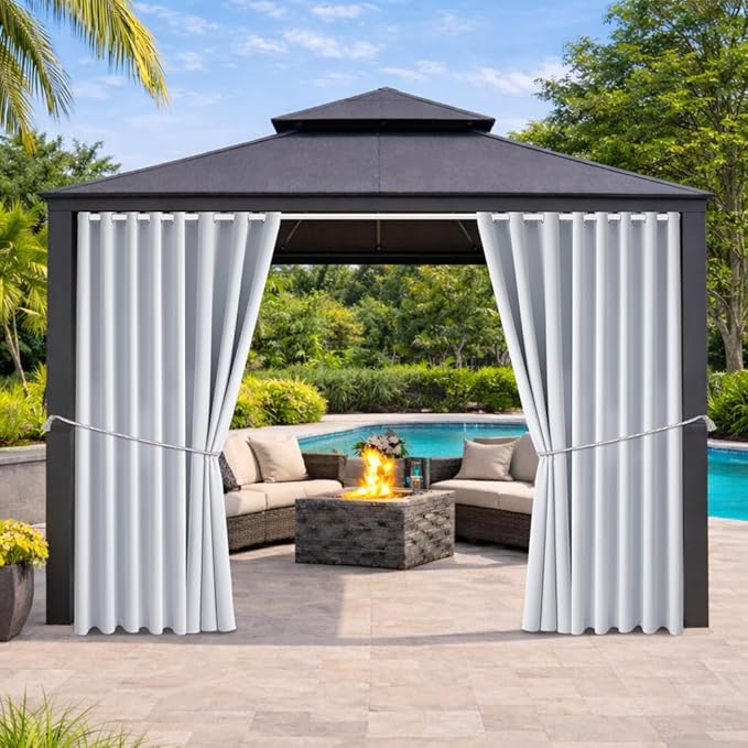 Water Proof Outside Curtains with Grommet Top for Porch, W105 x L95 Thermal Insulated Washable Light Block Outdoor Divider Drapes for Patio Gazebo Deck Pool Area Pergola Cabana (2 Panels) by DivaenCamino