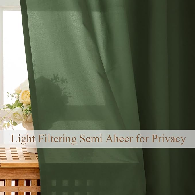 L.Z.E Olive Green Non-See-Through Privacy Curtains 63 Inch Length 2 Panels Set, Light Filtering Semi Sheer Curtains for Living Room Bedroom Nursery Grommet Top Short Window Panels (55" W x 63" L) - Image 3