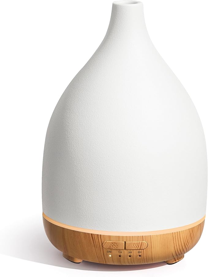 InnoGear Oil Diffuser, 300ML Ceramic Diffuser for Essential Oils Handcrafted Aromatherapy Diffuser Ultrasonic Cool Mist Humidifier with 4 Timers Waterless Auto Off for Room Office, White by InnoGear