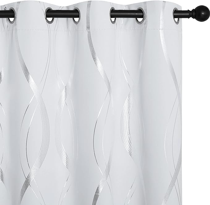 NICETOWN Greyish White Blackout Curtains for Bedroom, Microfiber Noise Reducing Thermal Insulated Wave Line Foil Print Design Blackout Curtains for Office, Classroom (2 Panels, 52 x 45 Inch) by NICETOWN