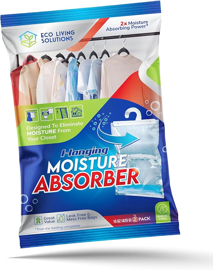 Moisture Absorber Packets, Fragrance Free, Humidity Absorber, Hanging Closet Dehumidifier Bags, Eliminates Odors for Fresher Air, Ideal for Closet by ECO+LIVING+SOLUTIONS