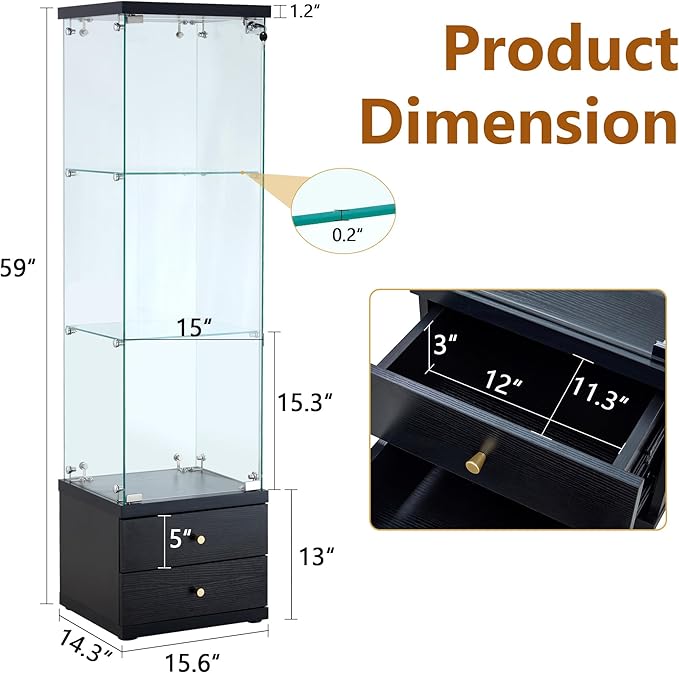 Yoluckea 3 Shelves Glass Display Cabinet with 2 Soft-Close Storage Drawers, Curio Collection Glass Display Case with Door & Lock, Floor Standing Bookshelf Corner Cabinet for Book Toys Glory (Black) - Image 2