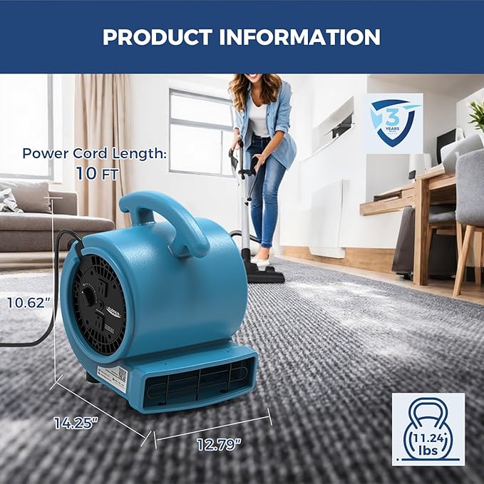 ALORAIR 1000 CFM Air Mover Blower Fan，Utility Fan with 3 Speeds, 5 Adjustable Angles and Daisy Chain - Ideal for Water Damage Restoration and Plumbing - GE1000A - Image 3