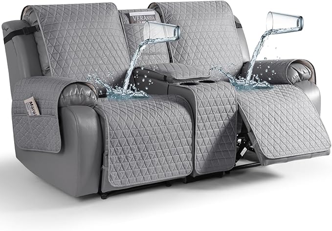 TAOCOCO 100% Waterproof Loveseat Recliner Couch Sofa Covers with Console,Double Reclining Couch Cover Non-Slip Sofa Slipcovers Washable,Furniture Protector Covers for Kids,Pets(2 Seater,Light Gray) by TAOCOCO