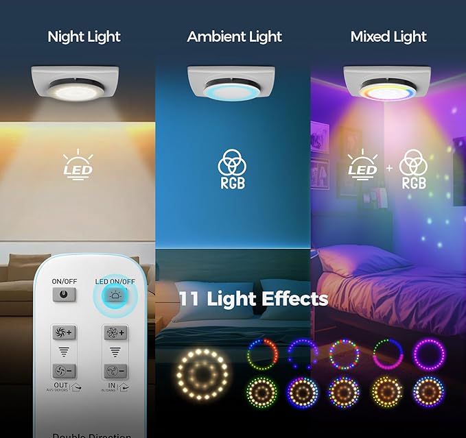 Bathroom Exhaust Fan with Light, 10 RGB Lights 3000 RPM Upgraded 2 Way 6 Speed Bathroom Fan with Remote Low Noise DC Motor Energy Saving Household Ventilation Fans for Attic Basement Garage V118A25 - Image 3
