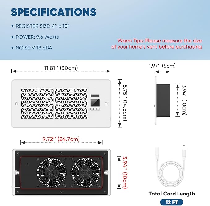 Register Booster Fan for 4" x 10" Register Holes with Remote Control and Thermostat, 10-Speeds Floor Vent Fans Booster - Enhances AC Heating&Cooling Airflow, Quiet Air Duct Fan for Wall, White - Image 2