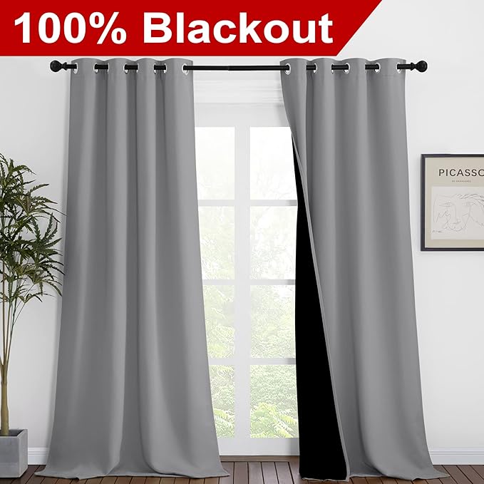 NICETOWN Total Shade Curtains and Draperies, Heavy-Duty Full Light Shading Drapes with Black Liner Backing for Villa/Hall/Dorm Window（Silver Grey, Package of 2 Panels, 46 inches Wide x 90 inches Long - Image 2
