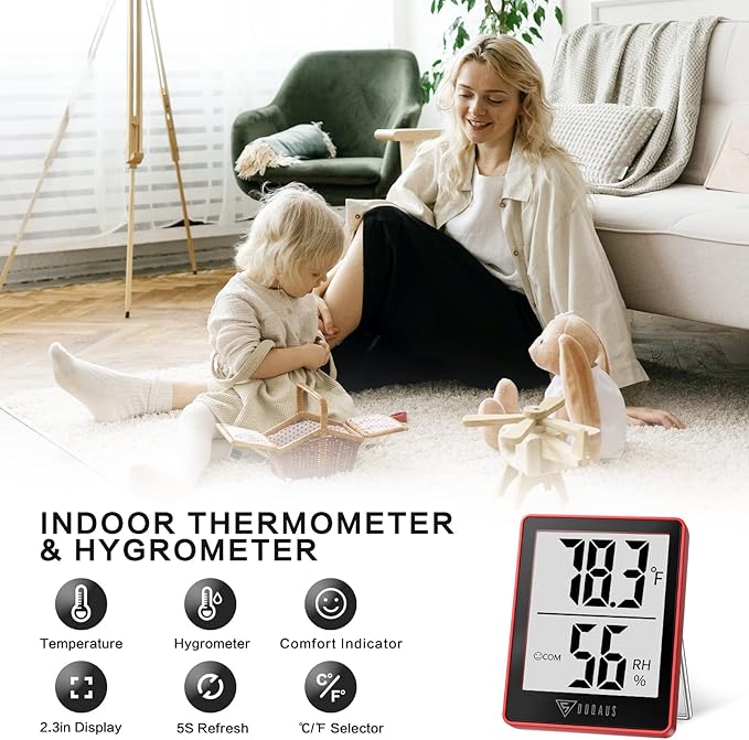 DOQAUS Digital Hygrometer Indoor Thermometer Humidity Gauge Room Thermometer with 5s Fast Refresh Accurate Temperature Humidity Monitor for Home, Bedroom, Baby Room, Office, Greenhouse, Cellar, Red - Image 2
