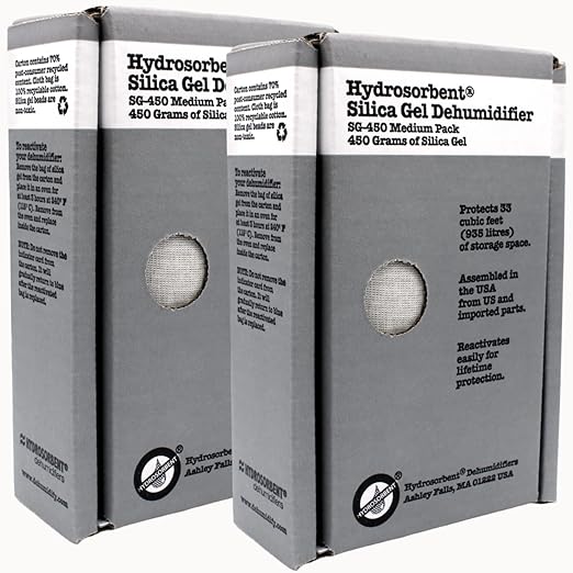 HYDROSORBENT® Gun Safe Dehumidifier Rechargeable Silica Gel 450 Gram Carton. Moisture Absorber. Reusable Desiccant Dehumidifier for Gun Safe – Made in USA Silica Gel Desiccant. SG450-2 Pack by HydrosorbentDehumidifiers