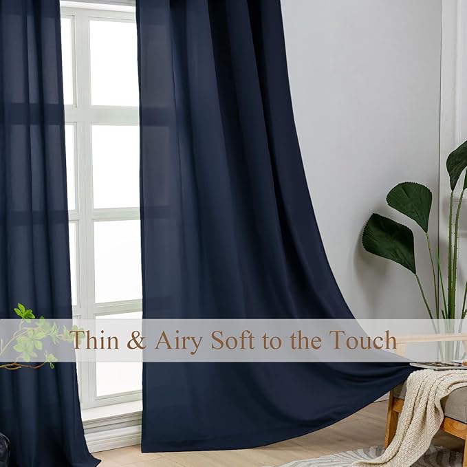 L.Z.E Dark Blue Privacy Curtains 84 Inches Long 2 Panels Set, Light Filtering Curtains for Living Room Bedroom Doorway Divider, Navy Blue Non-See-Through Semi Sheer Window Panels Grommet Top - Image 2