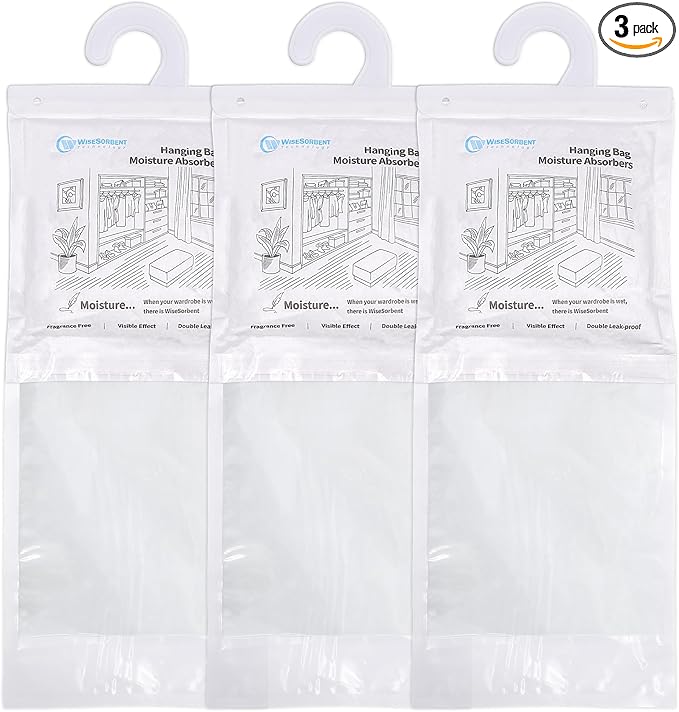 500G 3 Pack Hanging Moisture Absorbers Dehumidifier Bags - 17.6 oz Calcium Chloride Desiccant for Closet, Bathroom, Bedroom – Double Leak-Proof Design & Dual-Sided Absorption by Wisesorb
