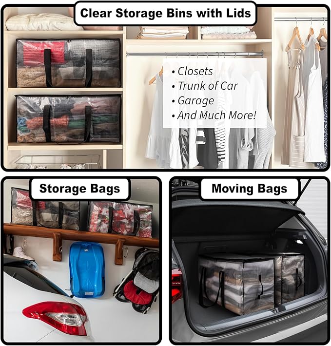ClearSpace Heavy Duty Moving Bags or Storage Bags – Clear Storage Bins with Lids, Large Moving Boxes with Backpack Straps & Zippers – Packing Bags & Moving Supplies for College Dorm- 4 Pack - Image 2