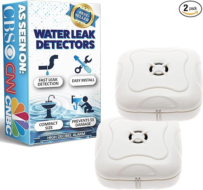 2 Pack Water Leak Detector - 95 dB Flood Detection Alarm Sensor for Bathrooms, Basements, Laundry Rooms, Garages, Attics and Kitchens by Mindful Design (White, 2 Pack) by MindfulDesign