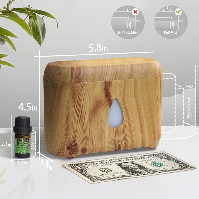 Flame Diffuser for Essential Oils, 200ml Ultrasonic Aroma Diffusers with Cool Mist, Aromatherapy Diffuser with Auto-Off Protection (Wooden Grain(7 Colors), Peppermint+Lavender+Tea Tree+Lemon) - Image 4