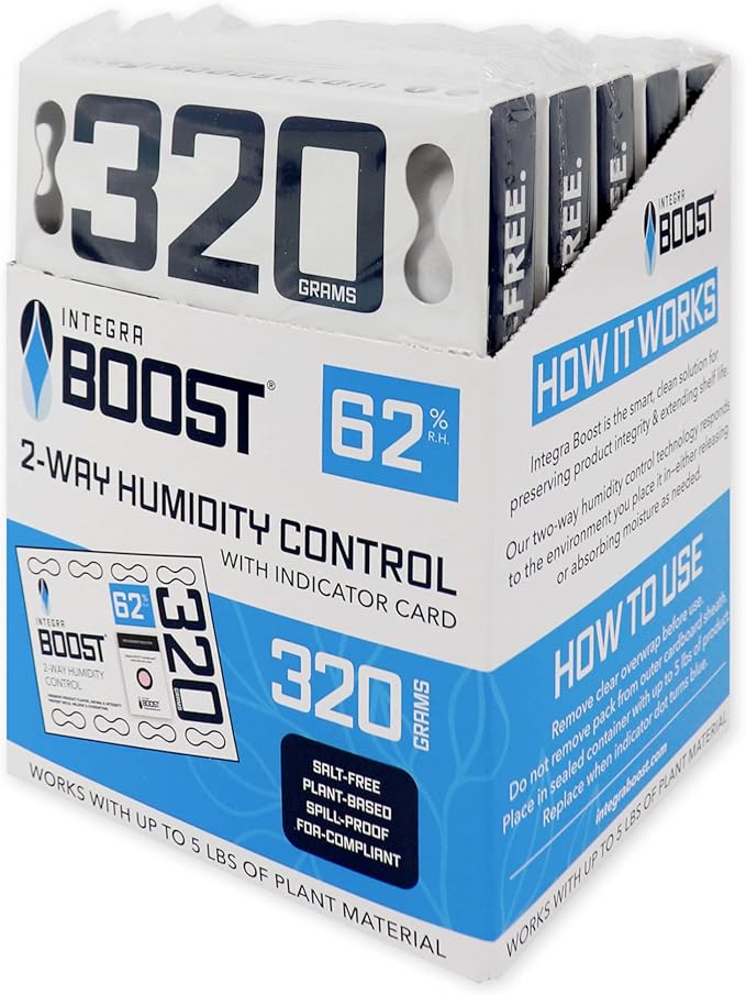 Integra Boost 62% RH, 2 Way Humidity Control Packs – 320g Size for Storing 5 lbs – Pack of 5 | Moisture Absorbers for Large Jars & Containers – Humidifier Packets for Herbs, Spices by IntegraSpecialtyProducts