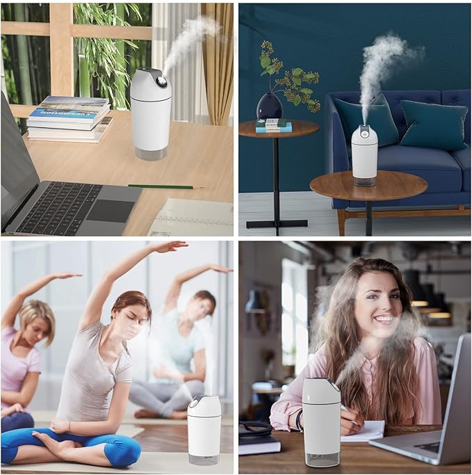 Mini Humidifier-Battery Operated 480ml Cordless Portable Small Humidifier USB Rechargeable Personal Desktop Humidifiers With Night Light & 4 Spray Modes for Car, Baby, Plants (White, 2600mAh) - Image 6