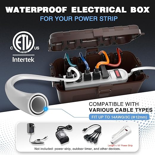 Flemoon [2 Pack] Outdoor Electrical Box Waterproof, Medium Weatherproof Electrical Box (11.5x5.2x4 inch) w/6 Cable Entry Ports, Extension Cord Cover for Power Strip, Timer, Plug, Holiday Light, Brown - Image 2