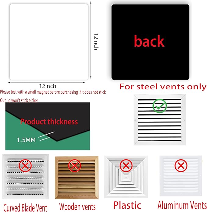 Square Magnetic Vent Covers, Extra Strong Magnets, 12" x 12" (2 Pack), Fits Steel Vents Only, Complete Seal, Air Vent Covers for Home Ceiling, Wall Registers, HVAC, AC, and Heater Vents (12IN) - Image 2