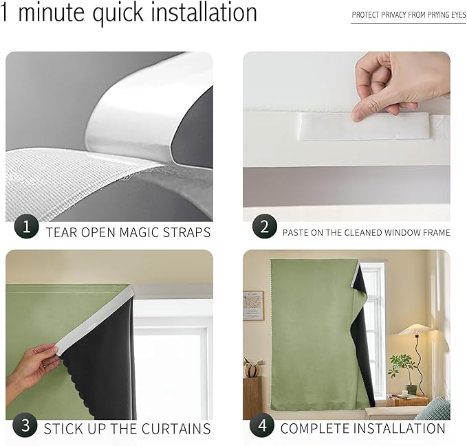 Adhesive Curtain 100% Blackout No-Drill Easy Install for Bedroom Blinds Light Blocking (Sage Green-59 W x 95" L-1P) - Image 2