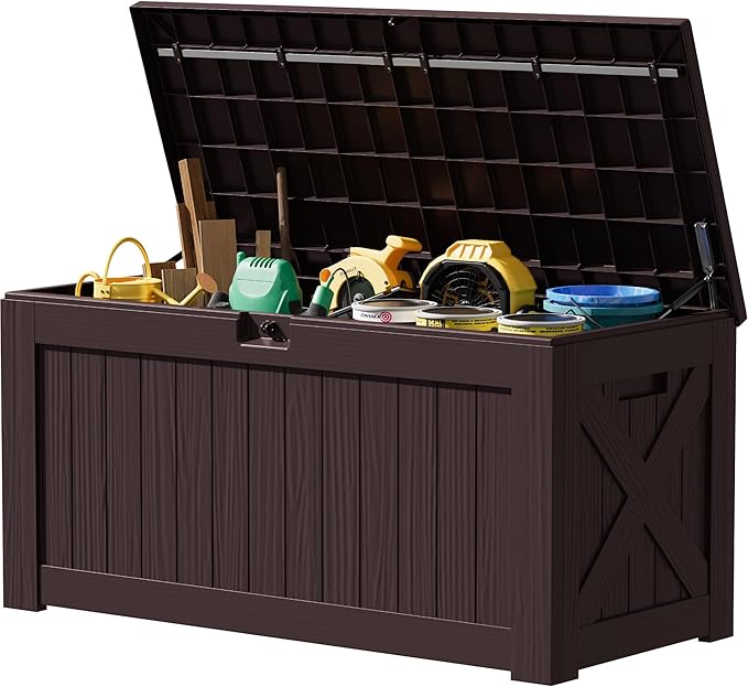 JUMMICO 120 Gallon Resin Deck Box, Large Outdoor Storage Box Waterproof & Lockable for Garden, Patio, Pools (Deep Brown) by JUMMICO