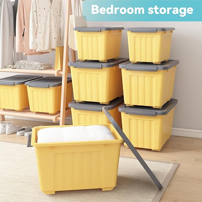 Nazhura Plastic Storage Bin, Stackable and Nestable Storage Boxes with White Lids and Secure Latching Buckles, Large Storage Container (Yellow/Purple, 72Quart-4Pack) - Image 4