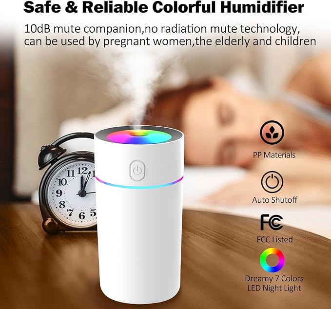 Portable Mini Humidifier with 7-color Lights, Cool Mist Small Desk Humidifiers Car Humidifier [2 Mist Modes] USB Personal Desktop Humidifiers for Bedroom, Office, Travel, Car, Plants, Super Quiet - Image 8