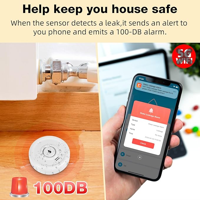WiFi Water Leak Sensor, 100 dB Water Alarm Leak Detector, for Home, Basement, Bathroom, Kitchen(3 Pack) - Image 7