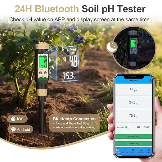 Soil pH Meter for Food, Bluetooth Water pH Tester for Soil & Hydroponic, Digital pH Temp Meter for Blueberry Jam with ATC for Canning, Dough, Garden Lawn, Indoor Outdoor Plants, Raised Garden Beds - Image 2