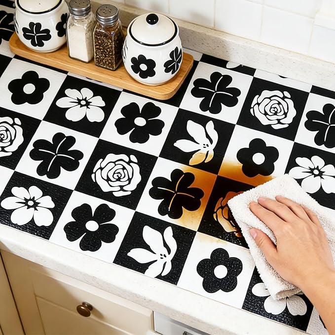 Shelf Liners Non Adhesive Black & White Checkerboard Floral - Thickened Non-Slip Easy to Clean Drawer Liner for Kitchen Cabinets, Tool Box, Refrigerator, with Knife & Tape Measure,17.3in x 236.2in - Image 3