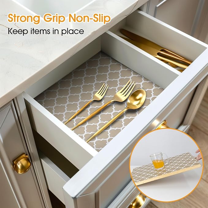 Shelf and Drawer Liner for Kitchen Cabinets Non-Adhesive, Strong Grip Non-Slip Thickened Cabinet Liners for Shelves, Waterproof Mats for Dresser Cupboard, Beige, 12 in x 10 Feet - Image 2